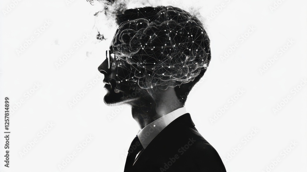 Poster side view of businessman silhouette with polygonal brain. artificial intelligence and science concep