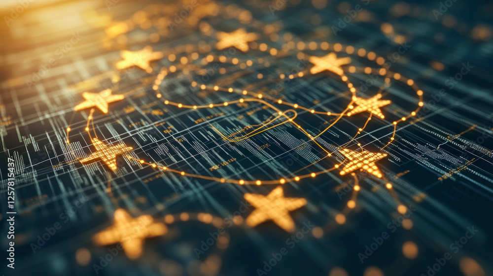 Poster golden stars form an abstract digital design, illustrating futuristic technology and innovation in d