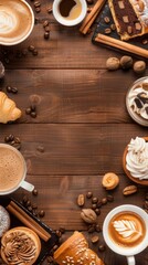 Cozy coffee and pastry arrangement on rustic wooden table with cinnamon and nuts