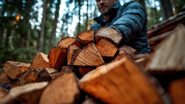 Man gathering firewood in forest, preparing for campfire