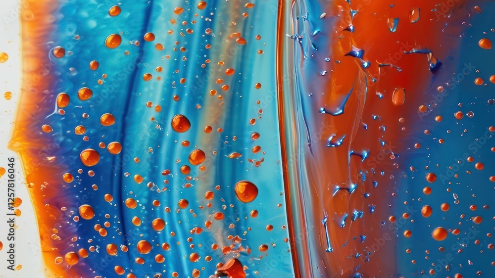 Poster colorful liquid abstract image featuring blue and orange tones with bubbles creating a vibrant and d