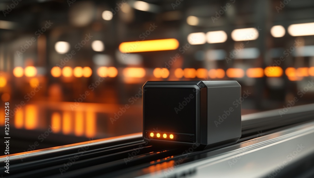 Poster automated system transports cube on conveyor belt in industrial setting with orange lights