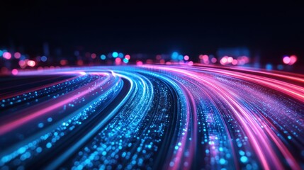 Neon data streams illuminating a futuristic cityscape at night