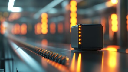 Futuristic Device Moves on Conveyor Belt System in Factory, Illuminated by Warm Lights, Showing Technological Advancement