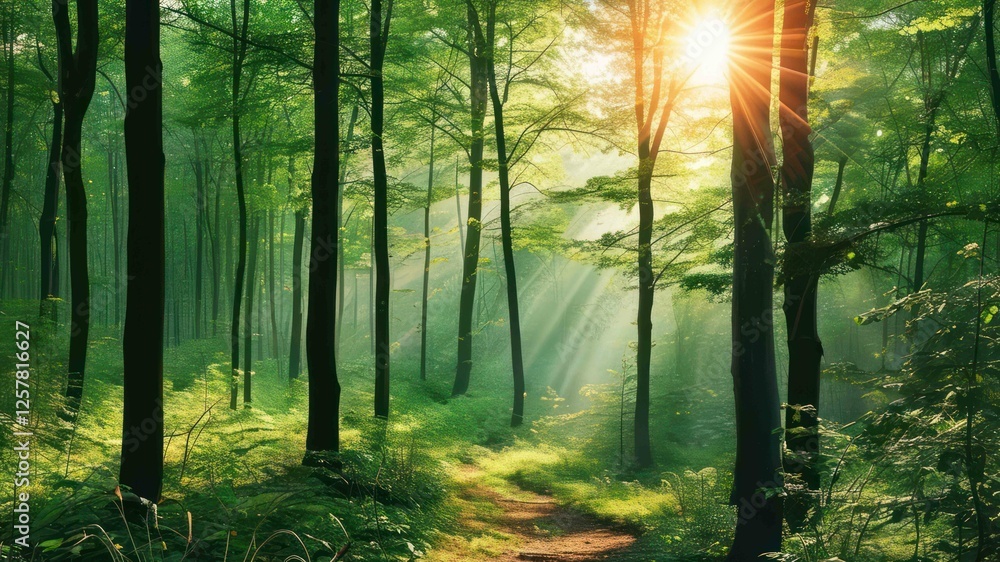 Poster sunlight filters through lush trees in tranquil forest, creating serene atmosphere perfect for outdo