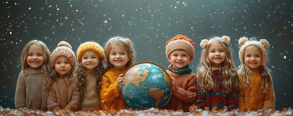 On International Children's Day, happy children different nationalities stand around a globe, celebrating global unity and diversity.