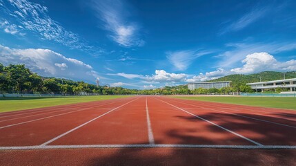 Empty running track on a sunny day with a clear blue sky and green field.