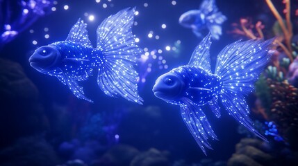 Fototapeta premium Glowing fish swim in underwater reef, fantasy scene, game asset
