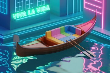 Obraz premium A colorful gondola floats on neon-lit water, with a 'Viva la Vida' sign in the background.