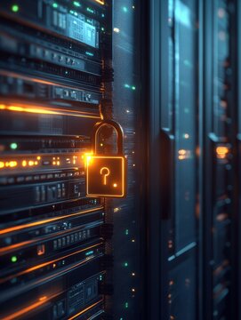 Digital security concept with glowing padlock on server rack