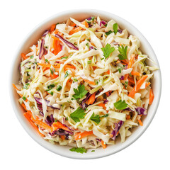 Bowl of coleslaw with shredded cabbage and carrots isolated on transparent white background