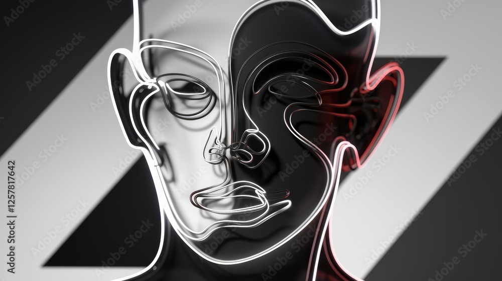 Poster abstract 3d rendering of a face, split into black and white halves, with neon outlines.