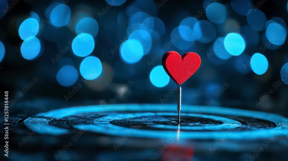 Poster red heart dart hitting center of target surrounded by blue bokeh lights creating a vibrant and eye-c