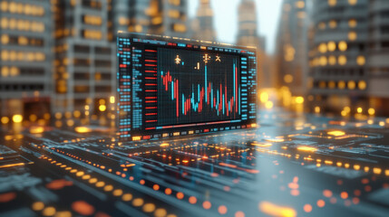 Digital finance concept image showcasing futuristic stock market data and analytics in a cityscape, highlighting financial technology innovation.