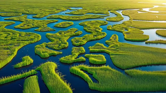 Aerial view of a winding river delta with lush green marshlands and intricate water channels under golden sunlight

