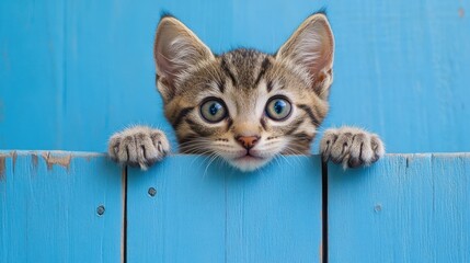 Curious kitten peeking over blue wooden fence.