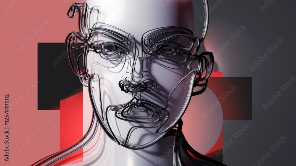 Aufkleber Abstract 3D rendering of a face, outlined with dark lines against a muted background.