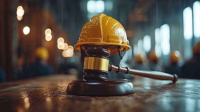 Construction worker's safety helmet on gavel; legal dispute, blurred background