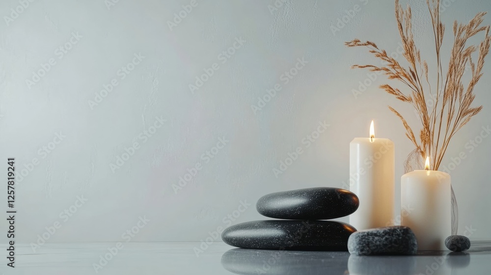 Poster relaxing spa setup with smooth massage stones and calming candles for a tranquil atmosphere. generat