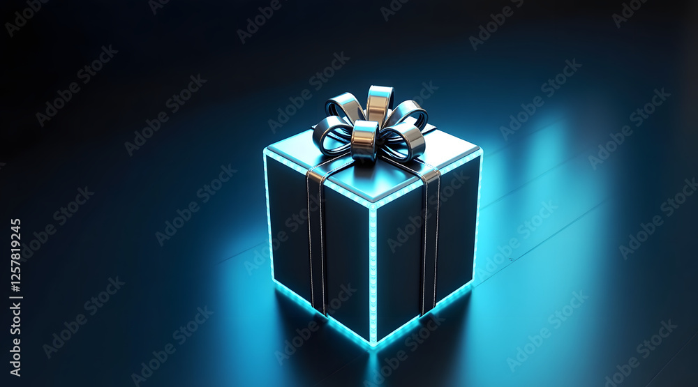 Poster a glowing gift box with a shiny bow is placed on a dark reflective surface, creating an enchanting a