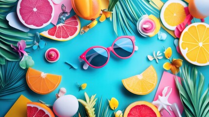 Large collection of colorful summer discount banners in the form of geometric irregular shapes with summer elements. Discount banner with summer icons, buttons and large offer for your website