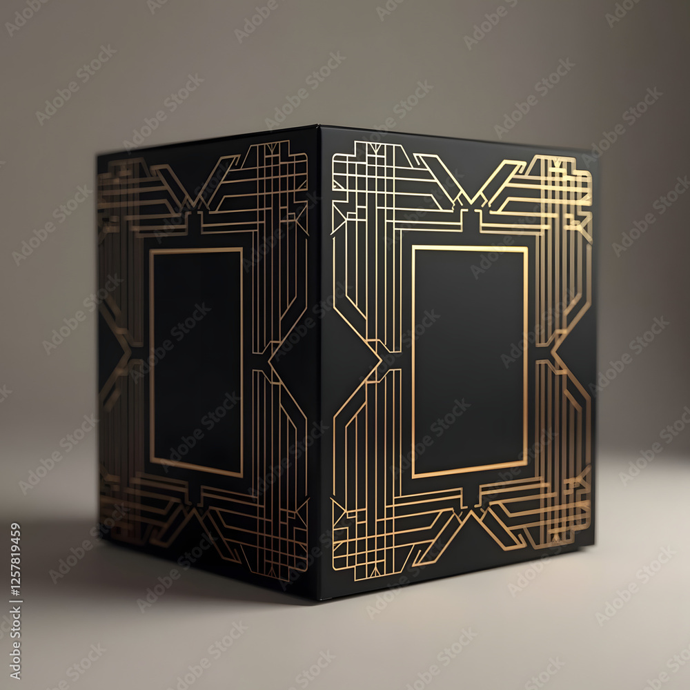 Poster a sleek black box with intricate golden geometric patterns stands against a soft gradient background