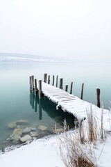 Naklejka premium Frozen lake dock during winter with no one around.