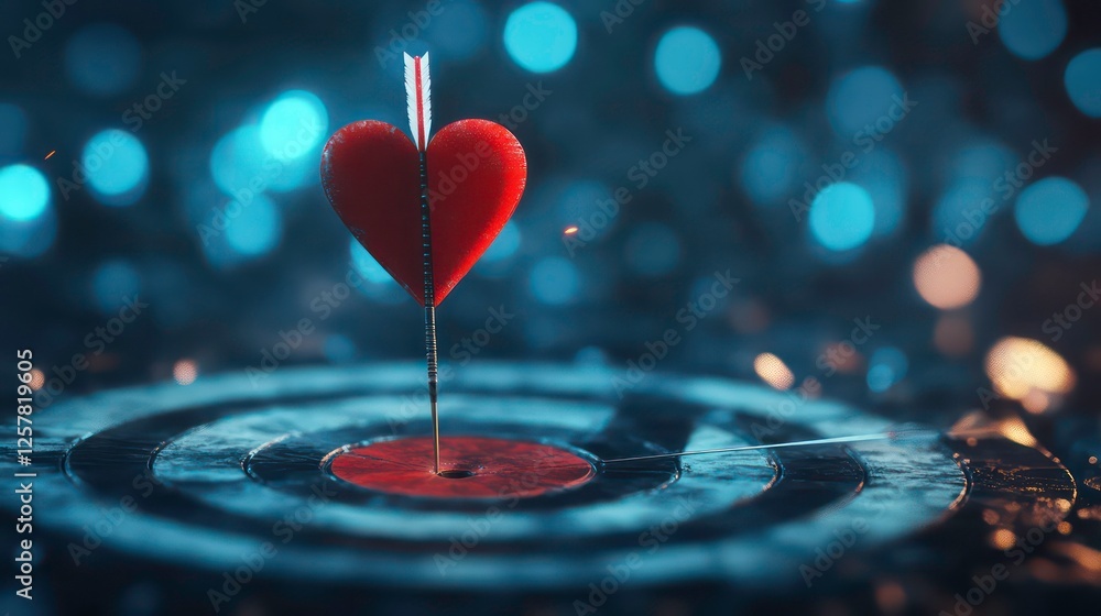 Poster red heart dart hitting center of target surrounded by blue bokeh lights creating a vibrant and eye-c