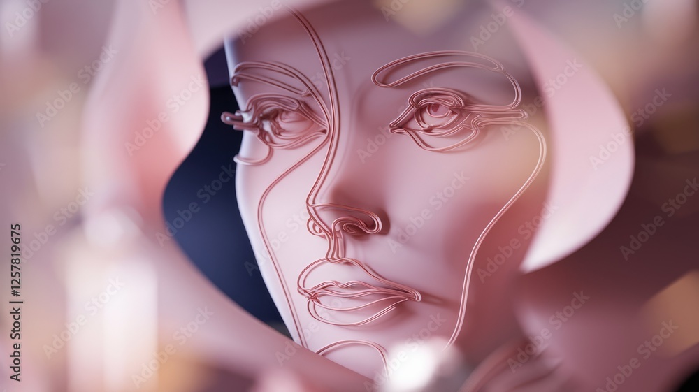 Poster abstract 3d rendering of a woman's face, delicately outlined with pink wire, creating an elegant and