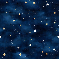 A starry night sky with small white and gold stars on a dark blue velvet fabric background, detailed watercolor painting with clean edges. 