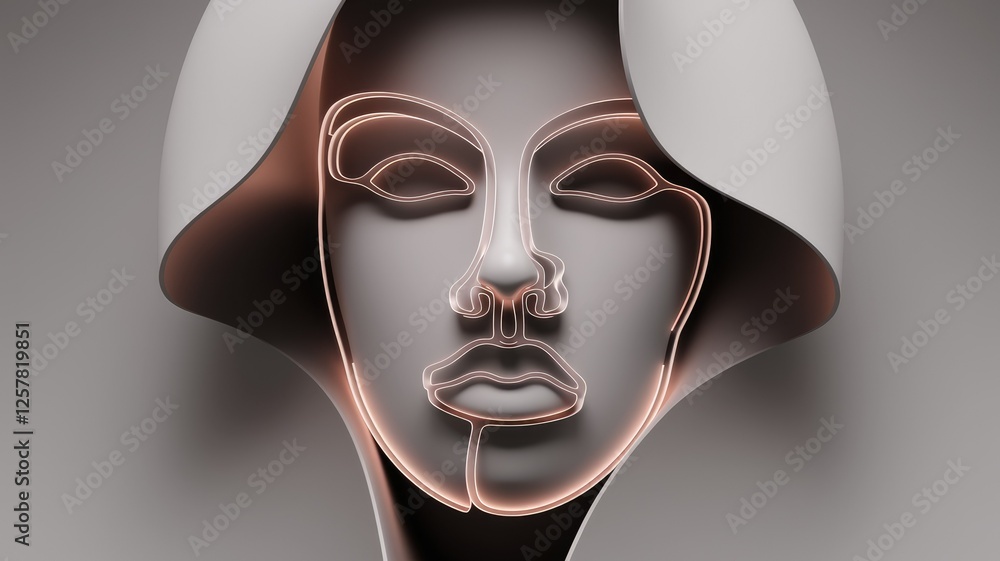 Poster abstract 3d rendering of a minimalist face with glowing lines, showcasing beauty and modern art.