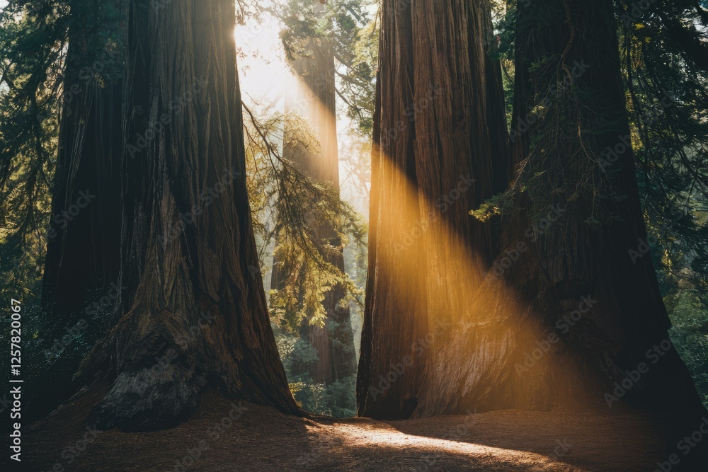 Aufkleber Sunbeams illuminate ancient Redwood trees in a serene forest, creating a magical atmosphere.