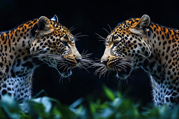 Obraz premium Two leopards are facing each other in a dark forest. Scene is tense and intense, as the two animals stare each other down