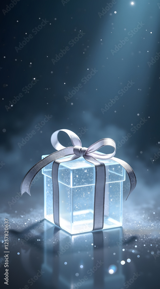 Aufkleber a sparkling gift box with a silver ribbon sits in a dreamy atmosphere illuminated by soft light and 