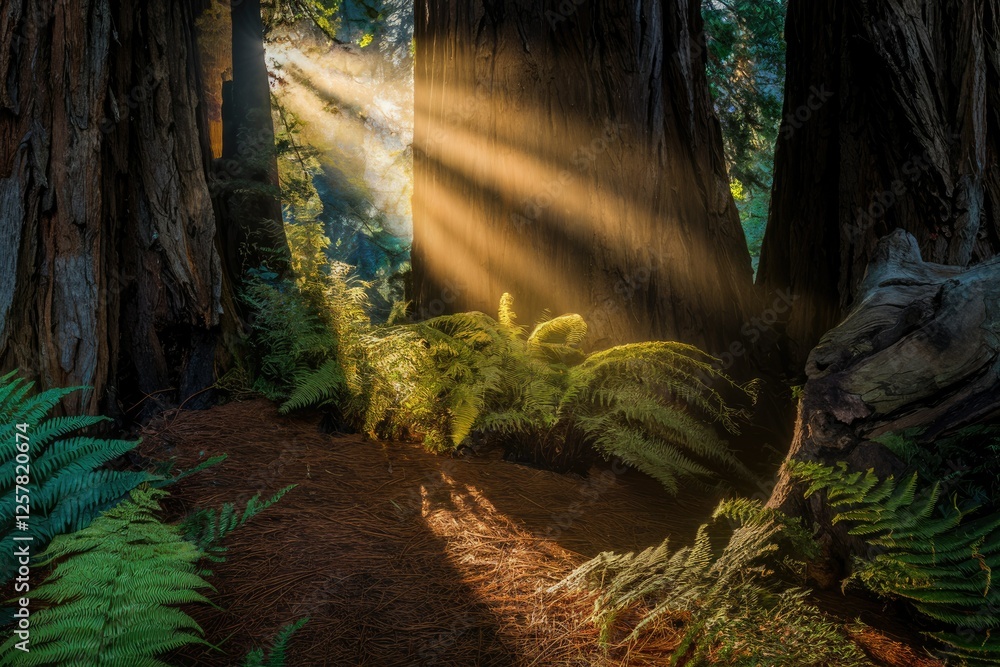 Poster sunbeams illuminate a redwood forest floor, ferns bathed in golden light creating a magical scene.