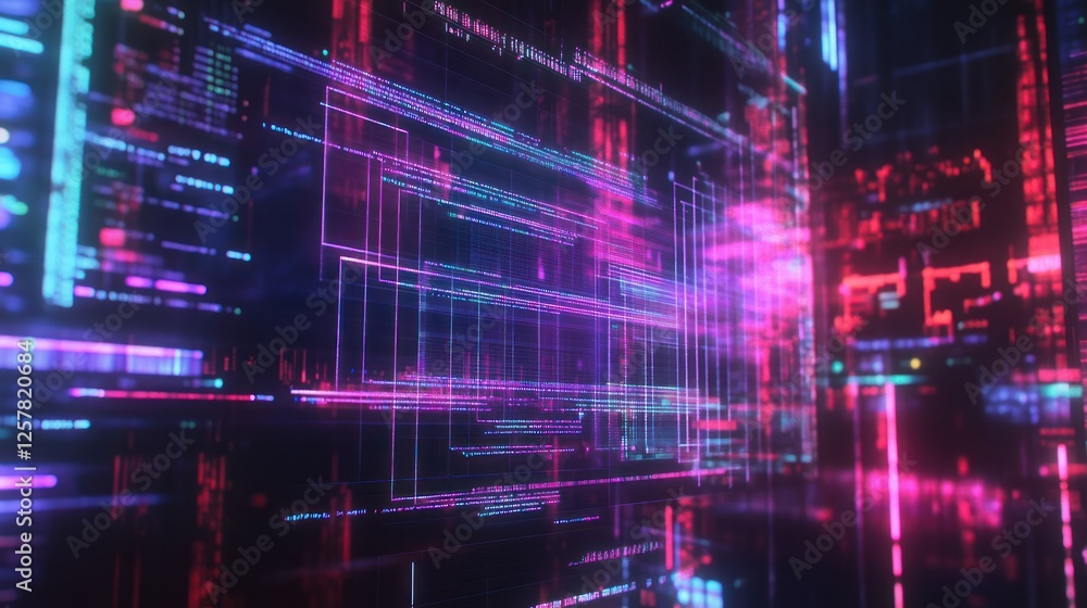 Fototapete abstract technological cityscape with neon gridlines and digital data flow