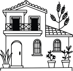 A Mediterranean-style summer silhouette home with whitewashed walls, blue rooftops, and potted plants on a sunny balcony