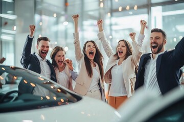Customers celebrating their new car purchase alongside dealership staff.