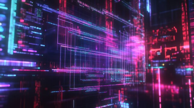 Abstract technological cityscape with neon gridlines and digital data flow - Powered by Adobe