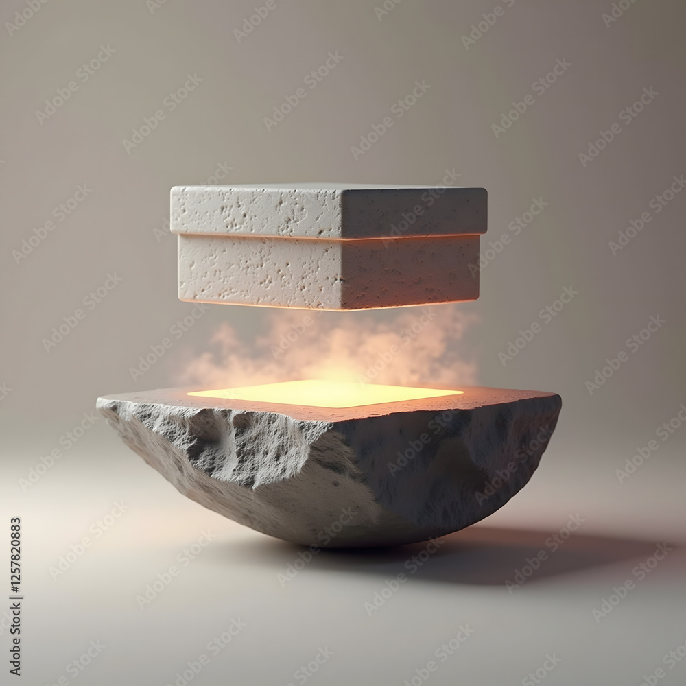 Poster a floating stone box emits a warm glow amidst a cloud of steam, creating a mystical atmosphere with 