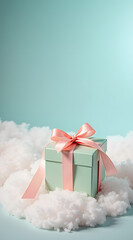 A mint green gift box with a pink ribbon sits atop fluffy white clouds against a soft blue background, creating a whimsical and cheerful atmosphere