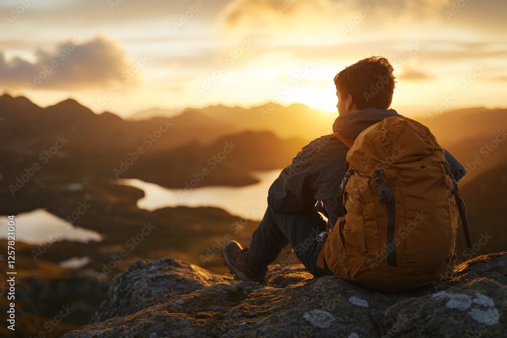 Wall mural Adventurer gazes at breathtaking sunset over mountains and lakes from a rocky vantage point