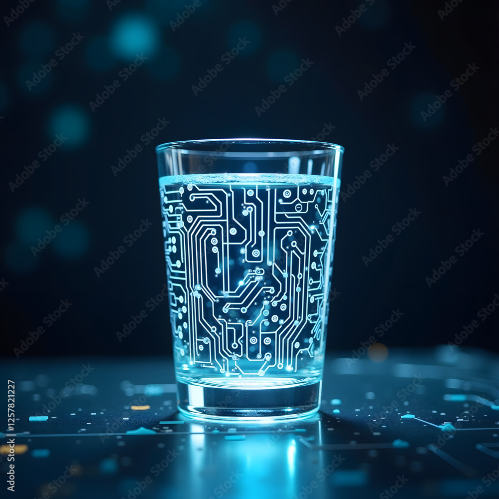 Poster a glass with a circuit pattern filled with clear water sits on a dark surface illuminated by blue an