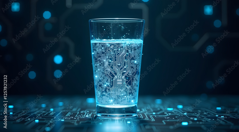 Poster a glass of water contains glowing circuit patterns, symbolizing the fusion of technology and nature 
