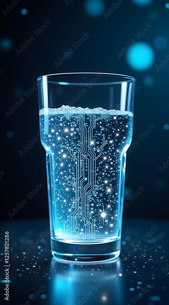 Poster a transparent glass filled with sparkling water and a glowing circuit pattern inside, set against a 