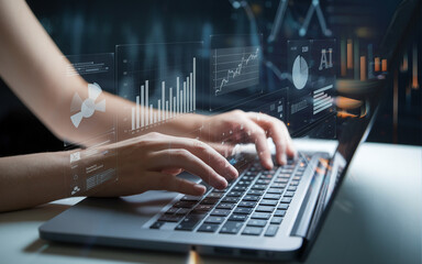 Corporate Data Expert Working with KPIs & Market Research on Laptop.
