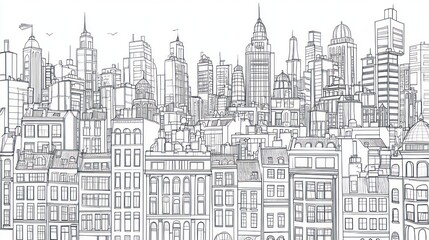 Naklejka premium Cityscape skyline drawing, urban buildings, birds flying, architectural design, website banner