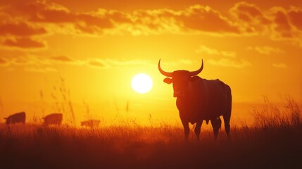 Silhouetted bull at sunset.