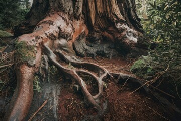 Massive tree roots exposed, showcasing intricate network and earthy tones in a forest setting.