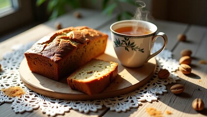 Fototapeta premium A golden-brown date and walnut loaf rests on a rustic board, paired with herbal tea on a lace doily, bathed in warm morning sunlight.